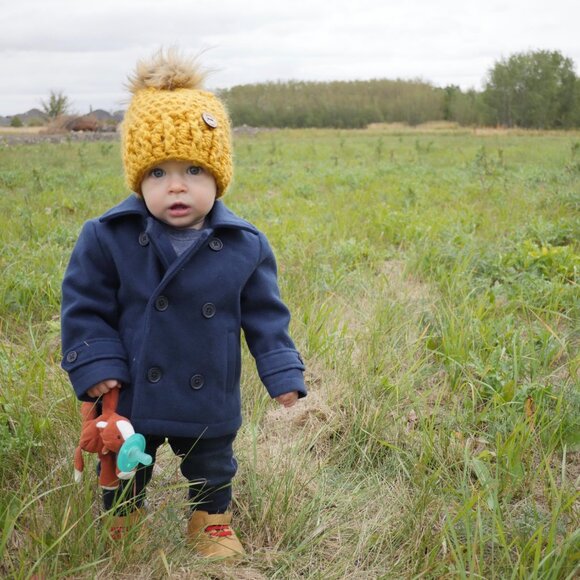 Crochet, Mustard Vegan Hat, Removable Pompom ,Winter hat, Toque, Baby Beanie - Picture 4 of 8
